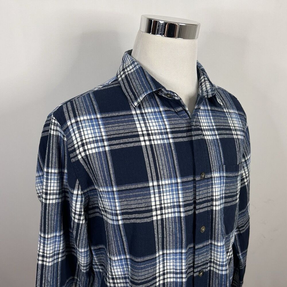 Eddie Bauer Large Flannel Shirt Blue White Plaid 100% Cotton Outdoors Camping
